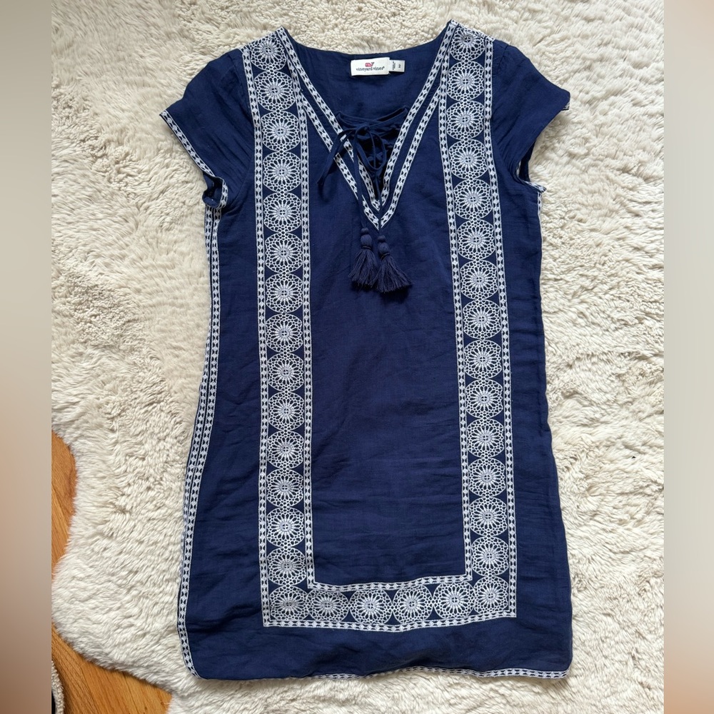 Vineyard Vines Embroidered Linen/Cotton Lace Up Tunic Dress Navy and White sz 2